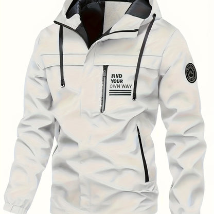 Windbreaker jacket with hood and zip pockets for men - Lightweight and breathable.