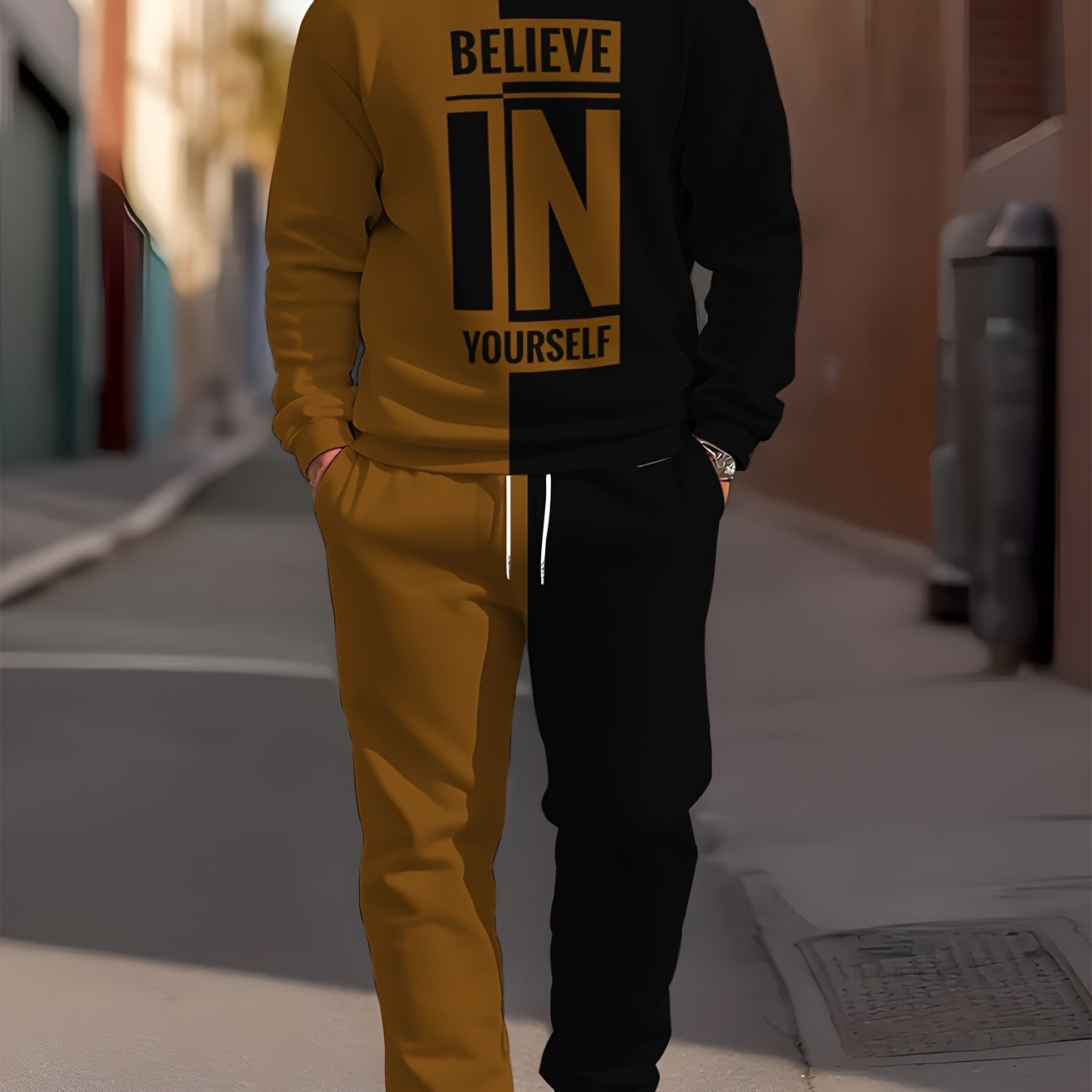 Men's polyester knit tracksuit featuring a crew neck long sleeve sweatshirt and joggers with "BELIEVE IN YOURSELF" print, offering a comfortable slight stretch in a two-piece outfit.