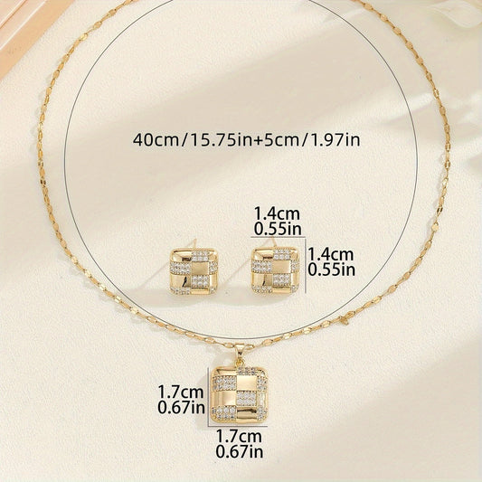 Stainless Steel Square Necklace and Stud Earrings Set featuring Cubic Zirconia - Perfect for Daily Wear in All Seasons, 3 Piece Cu-Zn Set