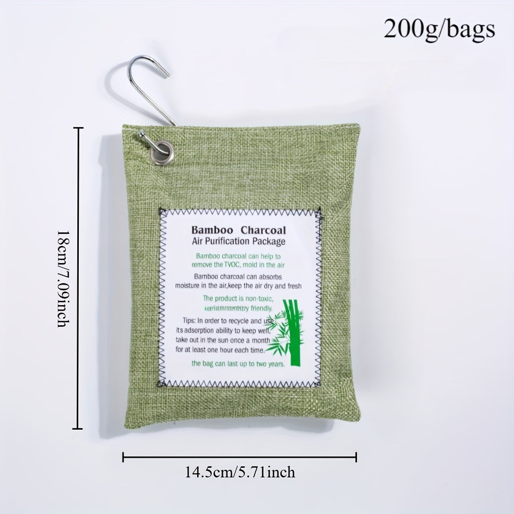 4 bags of 200g bamboo charcoal packs in four colors for odor elimination in various spaces.