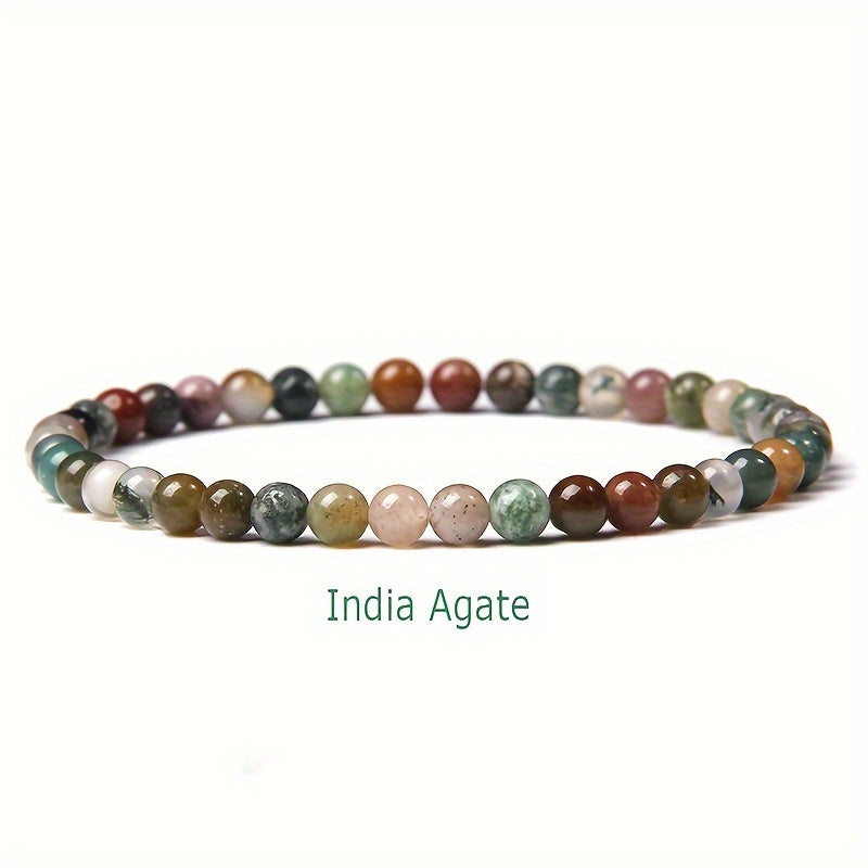 Set of 10 Boho Chic Natural Stone Beaded Bracelets featuring 4mm Round Healing Crystals. Perfect Energy Yoga Jewelry for Women, suitable for daily wear or on vacation. Includes a mix of Assorted Agate, Jasper, and Onyx stones.