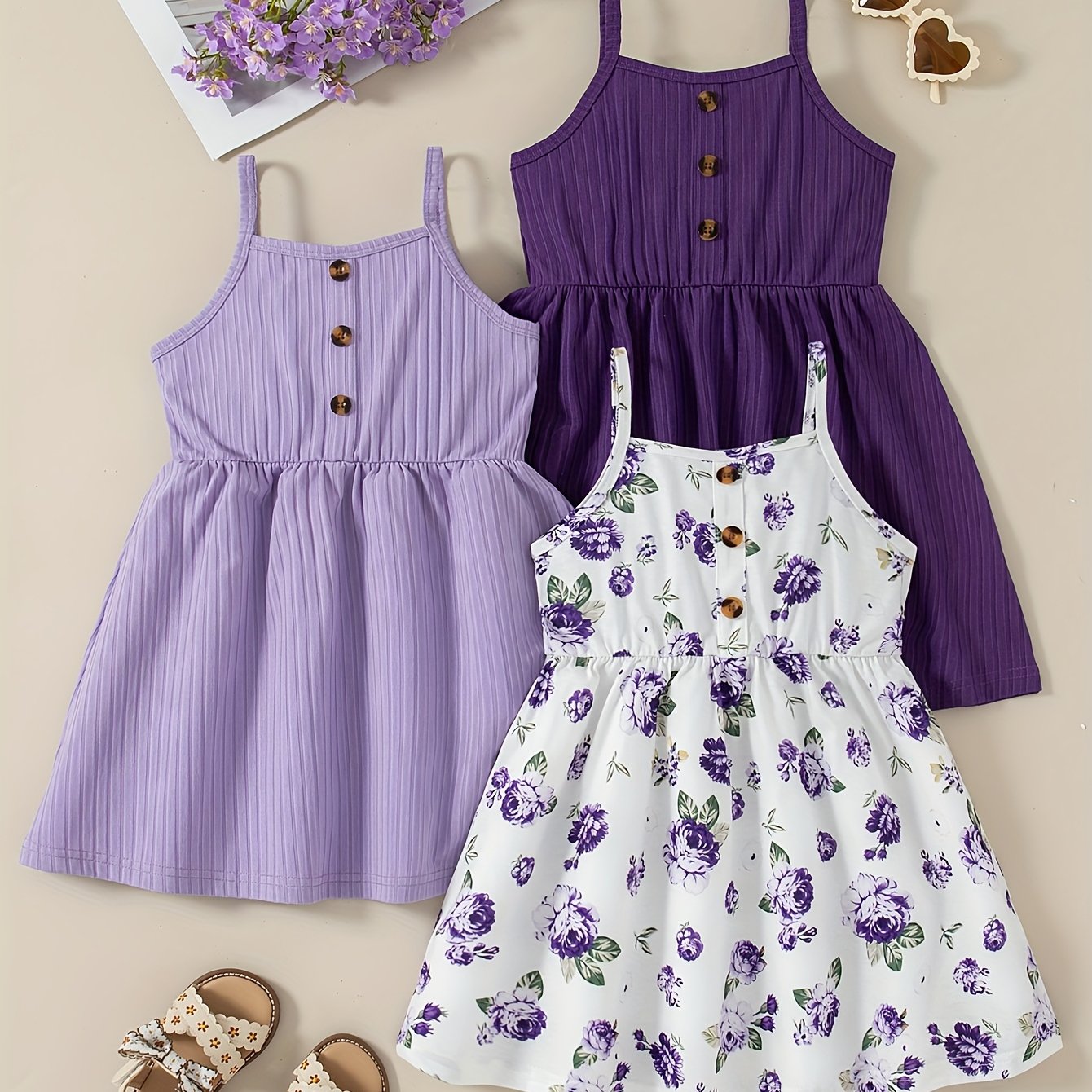 Three-piece set of fashionable strapless floral print dresses for girls.