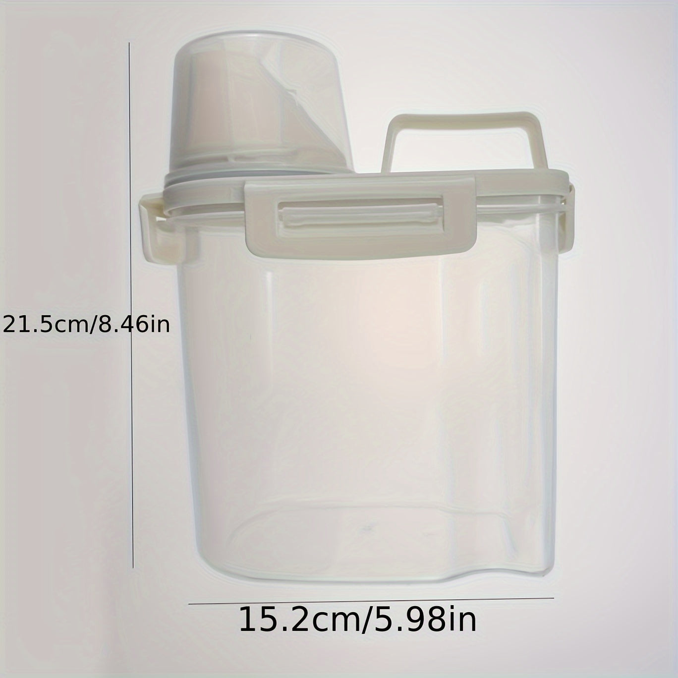 Pet food storage container with moisture-proof vacuum seal, measuring cup, and handle.