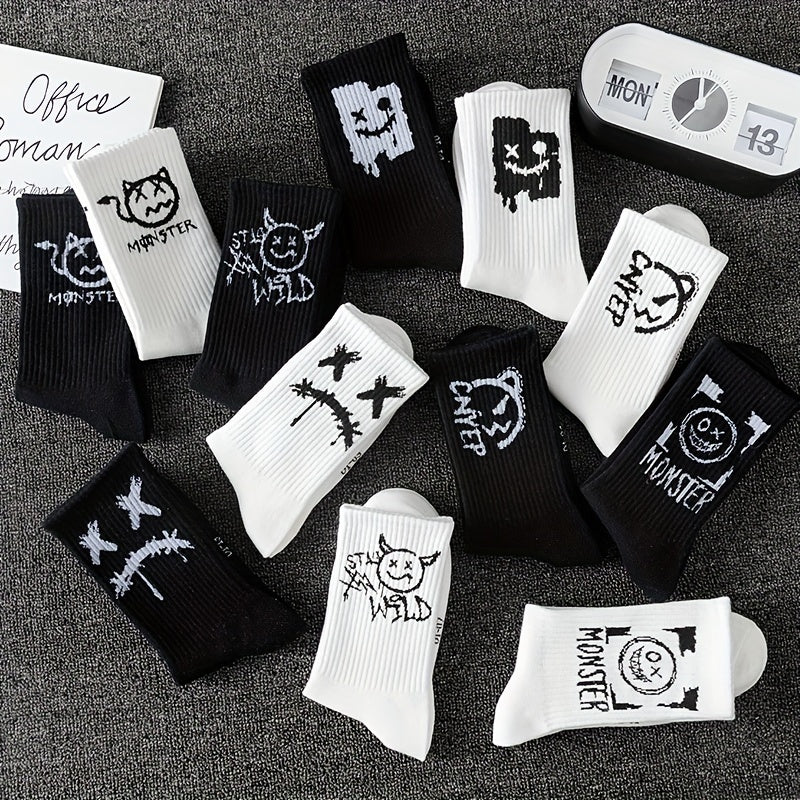 Men's trendy graffiti crew socks, 3/5/8/10 pairs, breathable and comfy for outdoor wear