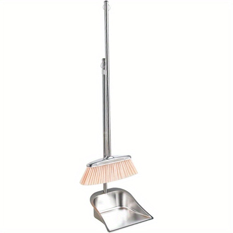 Two-piece Set of Stainless Steel Dustpan and Broom with Long Handle, Heavy-duty Upright Sweeping Brush with Hanging Ring, Ideal for Indoor Home Cleaning