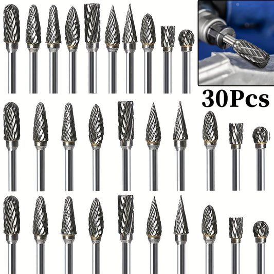 30-piece carbide rotary drill bit set with 1/8" handle for woodworking, engraving, drilling, and steel.