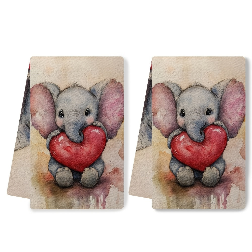 Pair of 2 incredibly soft kitchen towels with a charming baby elephant print, great for celebrating Valentine's Day. These super absorbent dish towels are easy to clean in the washing machine and come in a generous size of 40.64x60.96 cm, making them