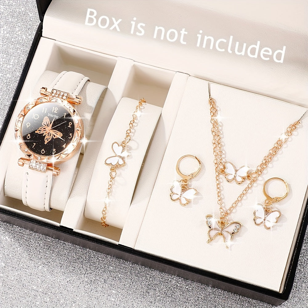 5pcs Women's Quartz Watch Set with Round Dial, PU Leather Strap, Matching Butterfly Pendant Necklace, Bracelet, Earrings. Simple, stylish, and perfect as a gift.