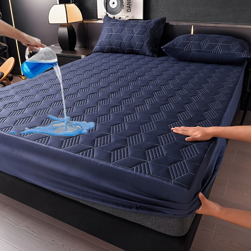 Waterproof mattress protector cover, machine washable with soft comfort fit. Suitable for hotel, living room, or bedroom. Made with polyester outer and PU inner, quilted with twill weave