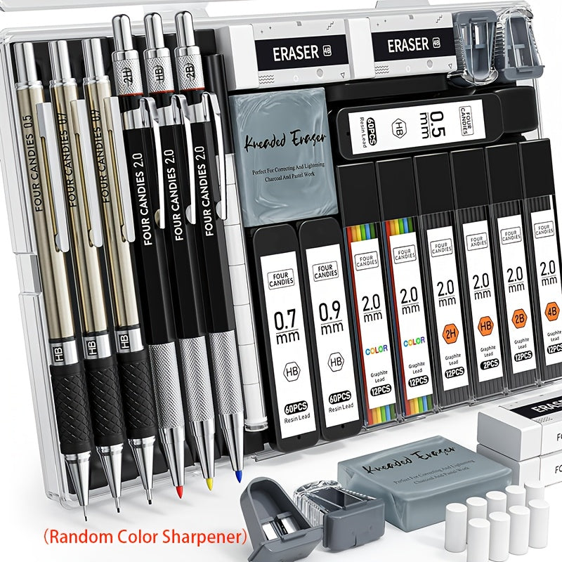 FourCandies 25pcs Art Set includes mechanical pencils with various lead sizes, lead holders, graphite refills, kneaded eraser, sharpener, and portable case for drawing and sketching.