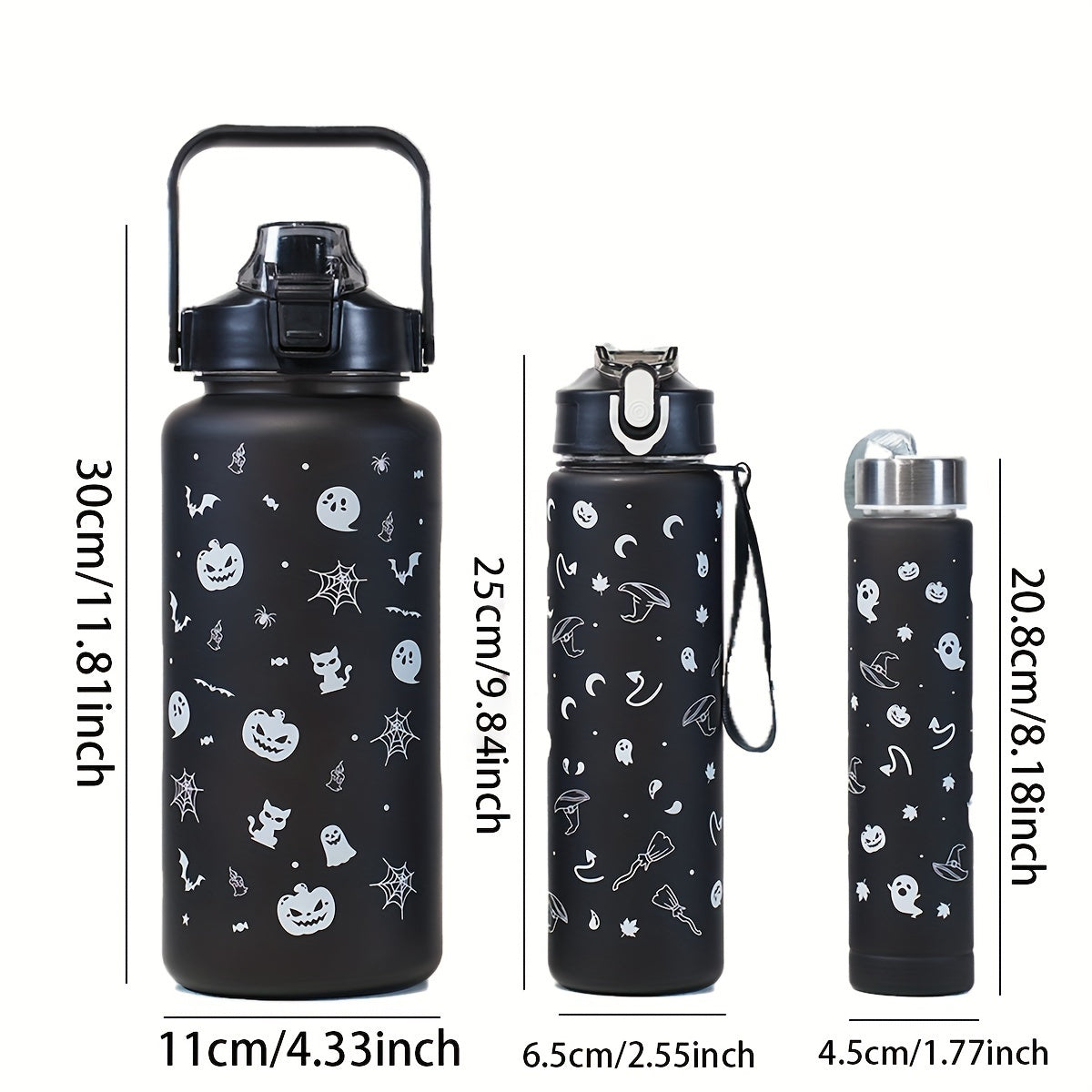 Halloween-themed water bottle set with 2000ml, 800ml, and 300ml cups, or 750ml individual cup for outdoor sports. Featuring fun Halloween prints. Ideal for the summer season. A must-have for Halloween enthusiasts.