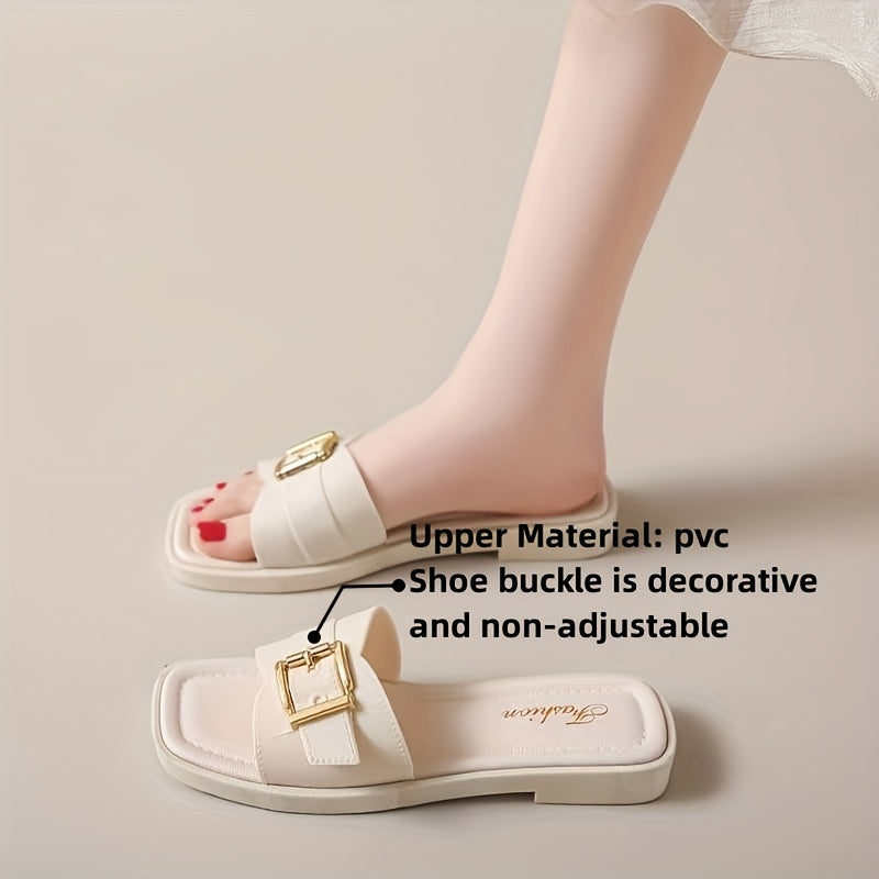 Women's slide sandals with buckle strap design, square open toe, and lightweight construction.