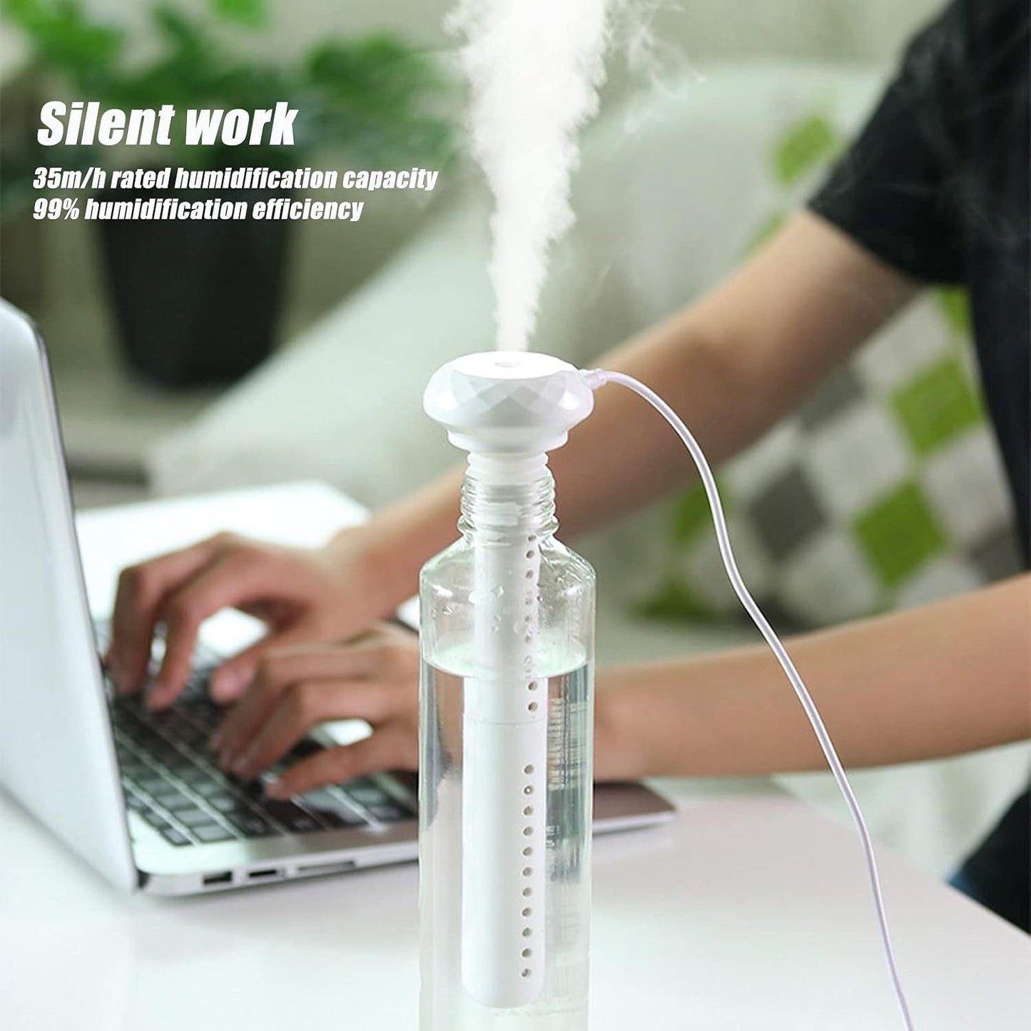 Compact USB desktop humidifier for office, bedroom, or travel, with cool mist purifier and no water container.