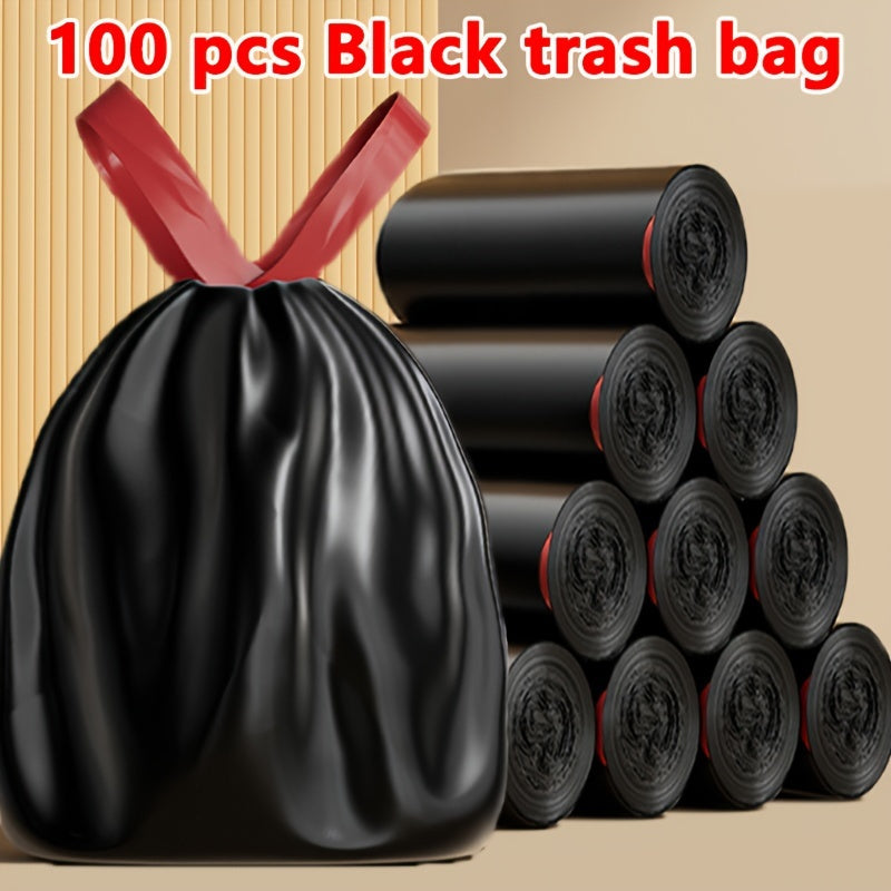 Pack of 100 super thick heavy duty leak-proof black garbage bags with drawstring for privacy protection. These opaque single-use plastic bags are suitable for use in the kitchen, bathroom, bedroom, living room, outdoor areas and for cleaning. The