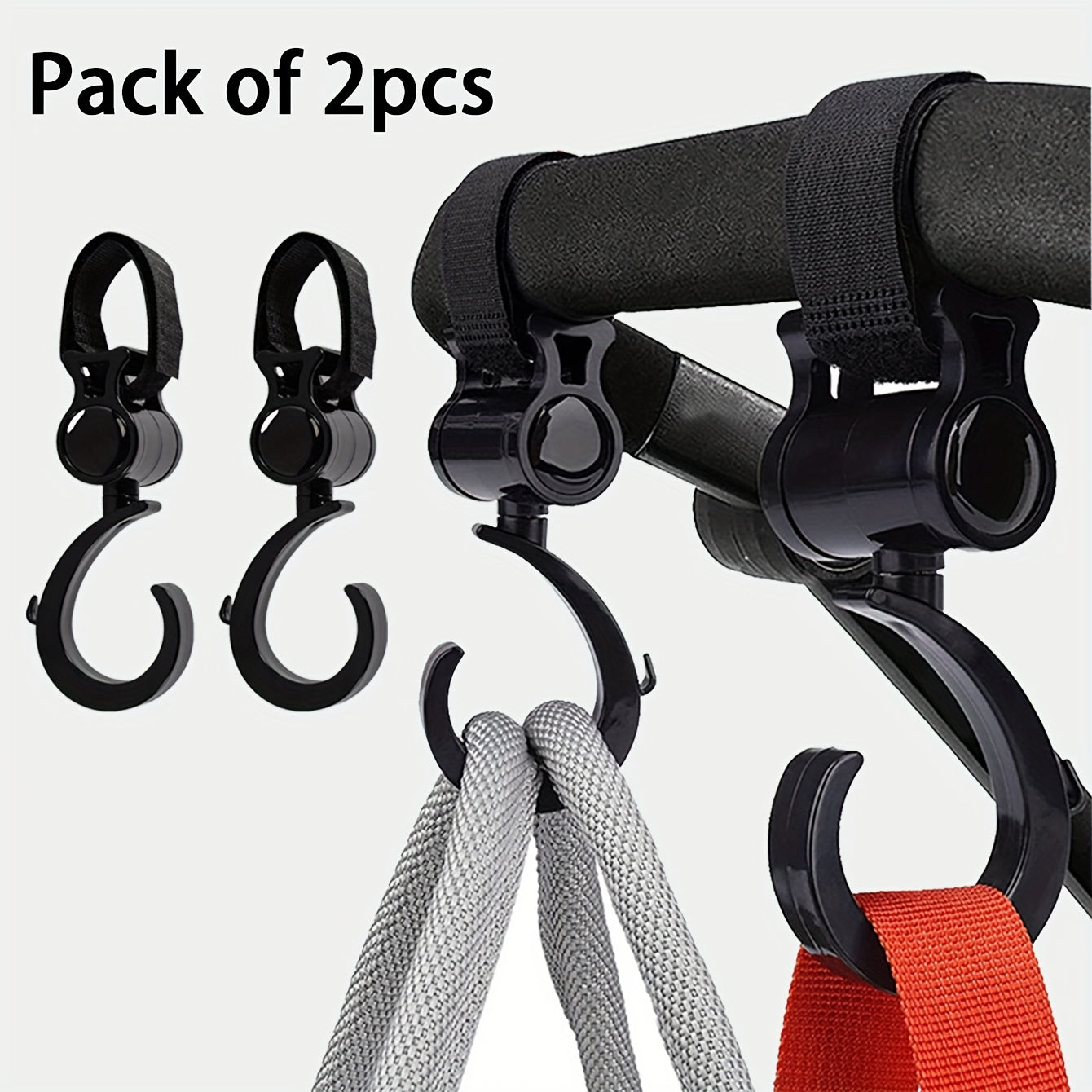 Two stroller hooks with multifunctional design and 360-degree rotating feature, preventing slipping. These hooks are suitable for use with strollers, baby carriers, bikes, bicycles, and car headrests.