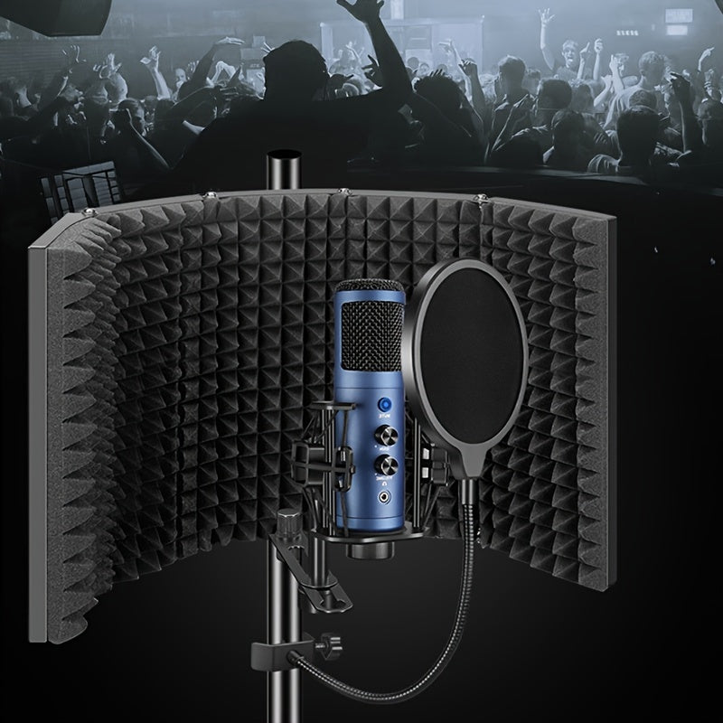 High-density foam sound absorption screen reduces noise for clear vocal recording with condenser microphones.