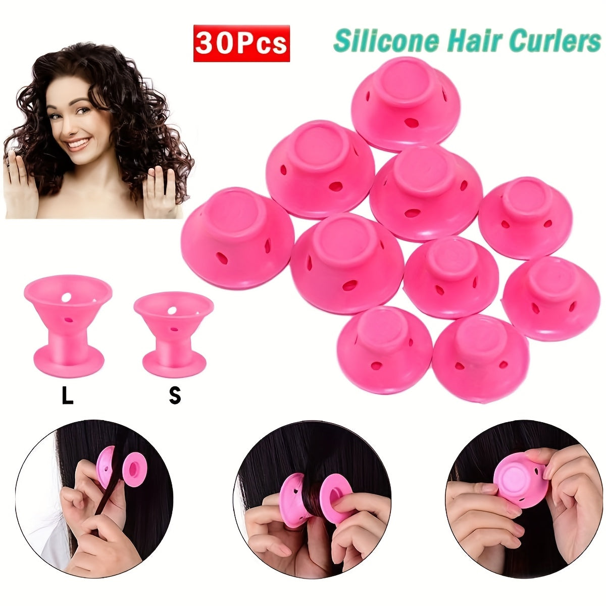 30-pack of silicone bell hair curlers for easy DIY curls on all hair types, women's styling tools for home use.