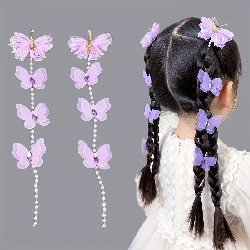 New set of 2 girls' hair clips featuring butterfly imitation pearls, cute mesh yarn flower, long bead tassel, and braided hair chain for youngsters' headwear.