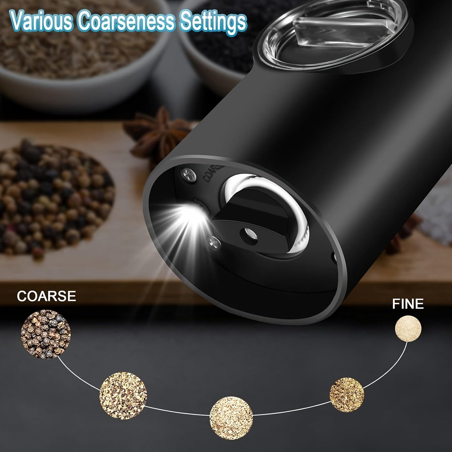 Portable Two-Pack with Charging Base containing LED Light Electric Tool for grinding Sea Salt, Black Pepper, and Seasoning Salt with automatic adjustable grinding feature.