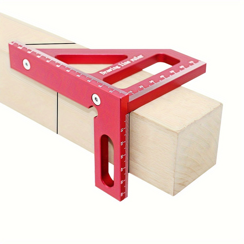 Aluminum woodworking square ruler for carpentry and DIY projects, measuring 45 and 90 degree angles.