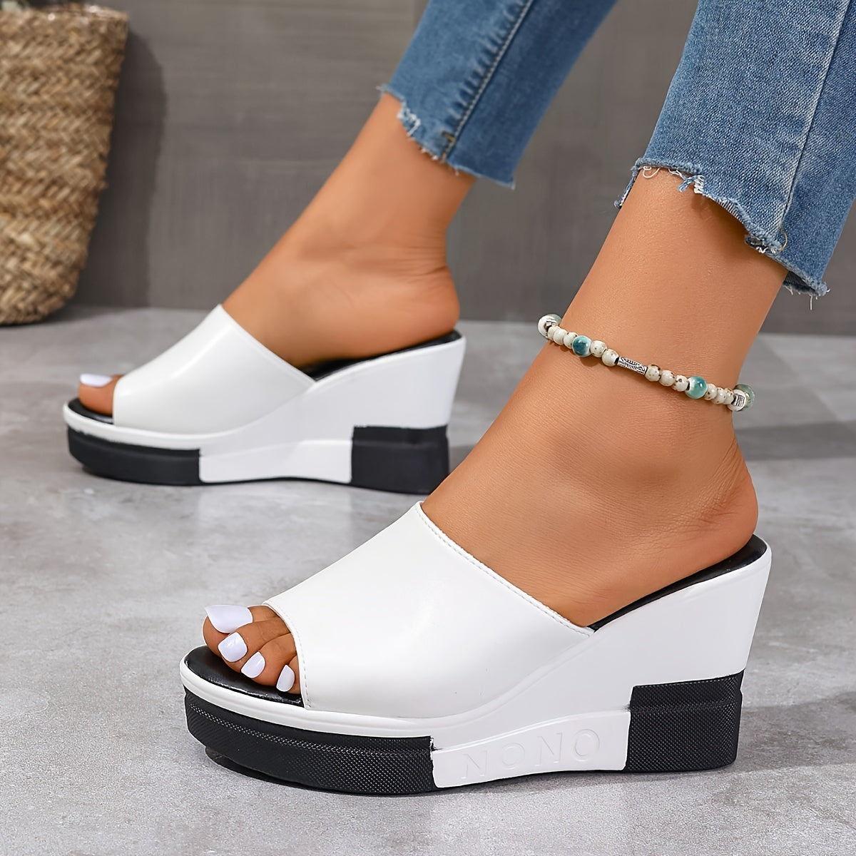 Summer wedge sandals for women with contrast peep toe and platform slide design for outdoor wear.