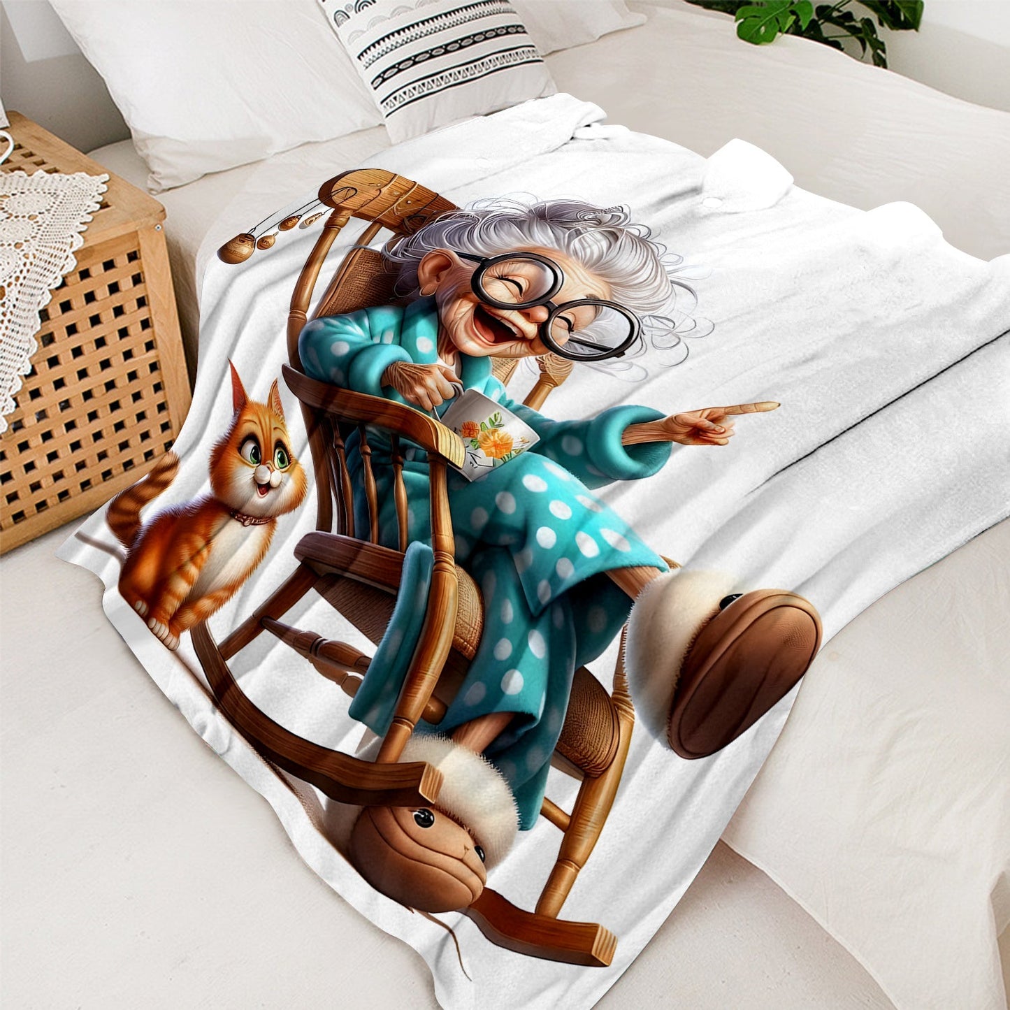 Stay warm and cozy with the 1pc Cozy Senior Life Flannel Throw Blanket featuring a charming Grandma in Rocking Chair with Cat print design. This contemporary style blanket offers all-season comfort with its knitted polyester material. It's the ideal gift