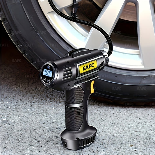 Portable car air compressor inflates tires easily with wireless and wired handheld pump and LED light.