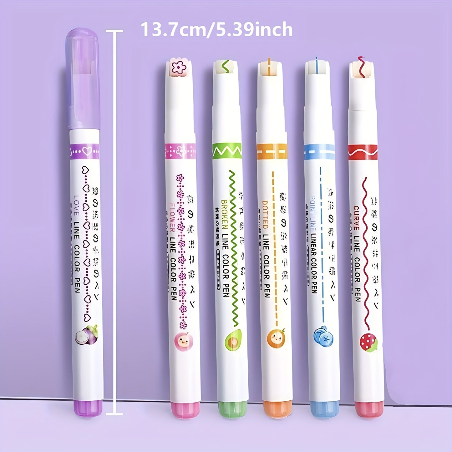 Set of 6 colored curve highlighter pens with 6 different colors and shapes, ideal for note taking.