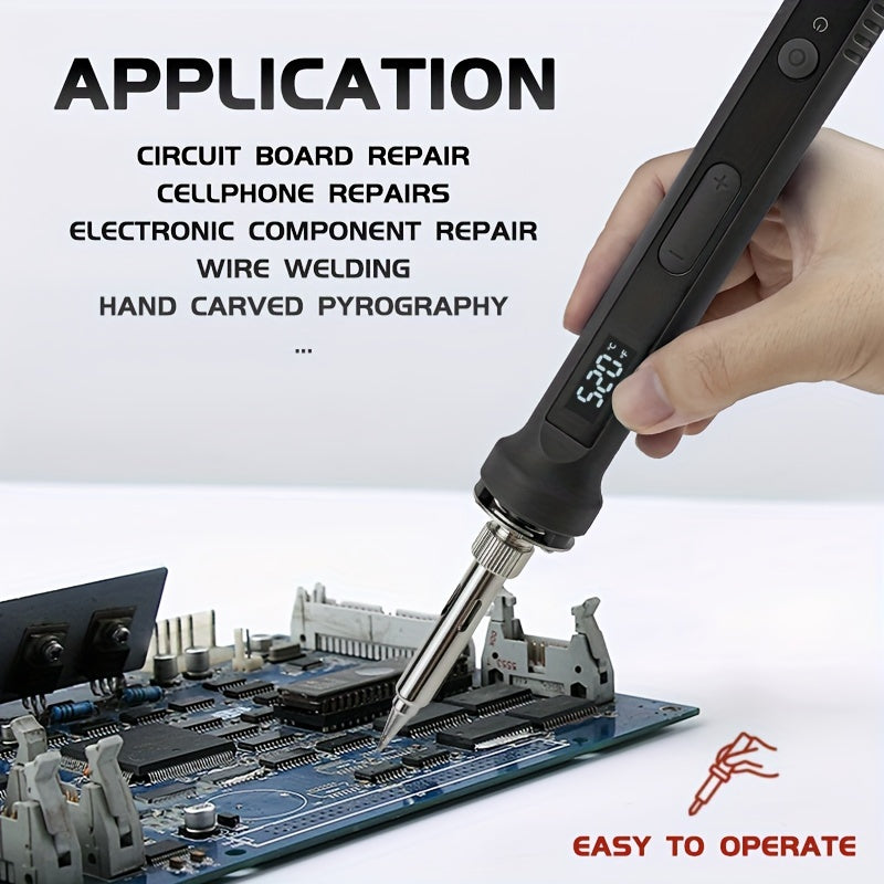 4pcs Soldering Iron Set with LCD Display, adjustable temperature 180 to 520°C, fast heating, suitable for DIY repair work. Kit includes welding wire and stand.