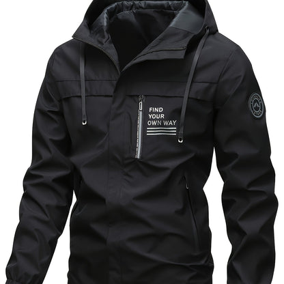 Windbreaker jacket with hood and zip pockets for men - Lightweight and breathable.