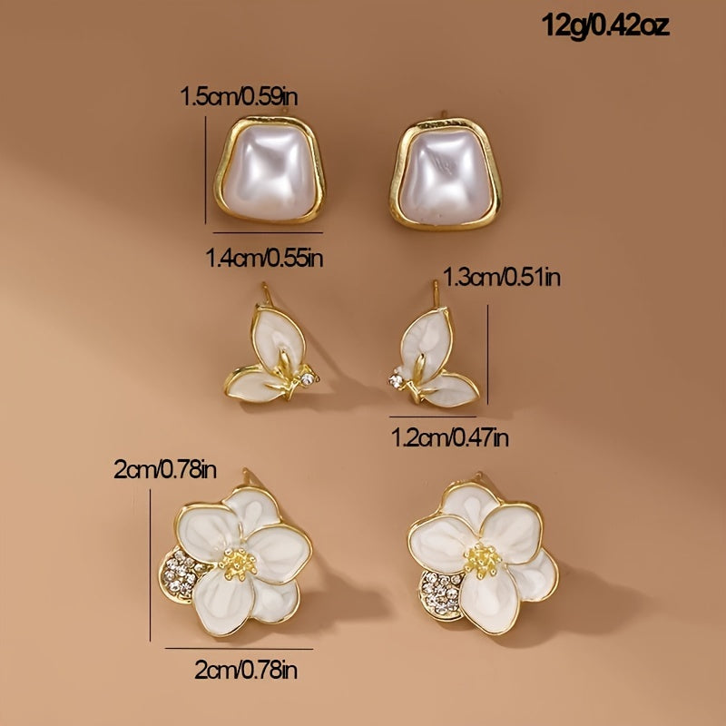 Stylish 3-piece earring set for women featuring pearls, flowers, and geometric designs. Made of fashion alloy with synthetic zirconia, inspired by Japanese and Korean fashion. Suitable for