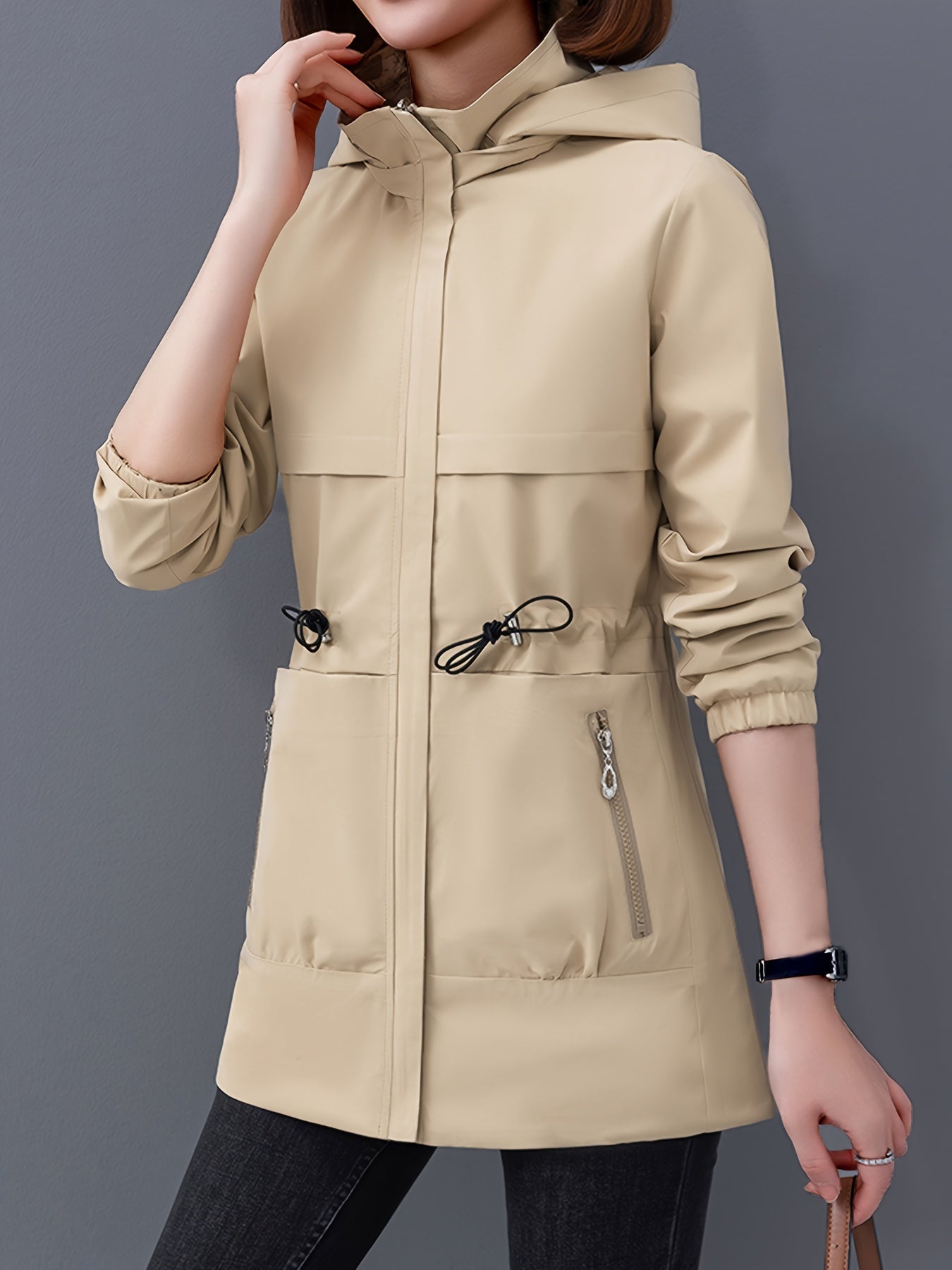 2025 Spring/Autumn reversible hoodie jacket for women with drawstring waist. Made of windproof and waterproof polyester, featuring a zip closure and drawstring hood.