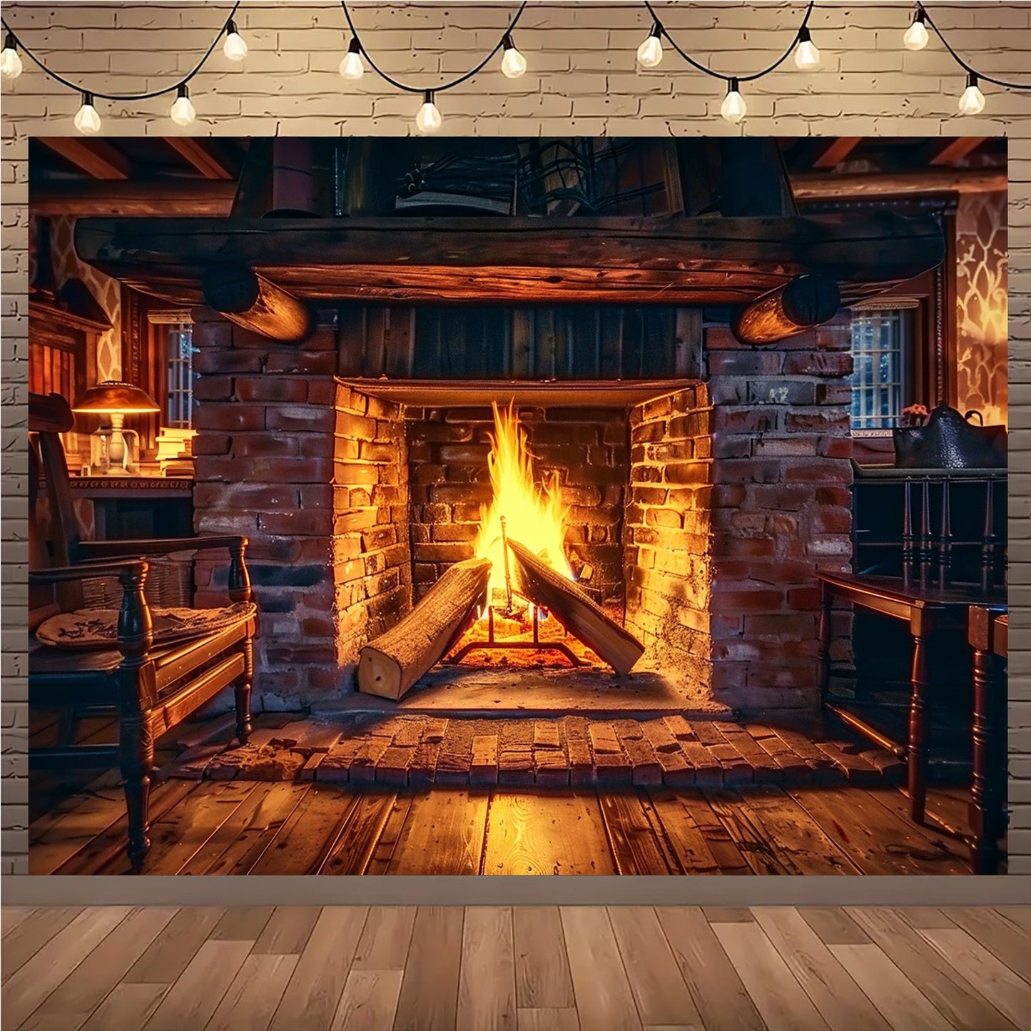 Realistic Fireplace Polyester Backdrop with Burning Wood Design - Available in Multiple Sizes (small: 99.06cm x 149.86cm, large: 179.83cm x 229.87cm) - Perfect for Winter Celebrations, Family Get-Togethers, Outdoor Events, and Multi-functional Use for