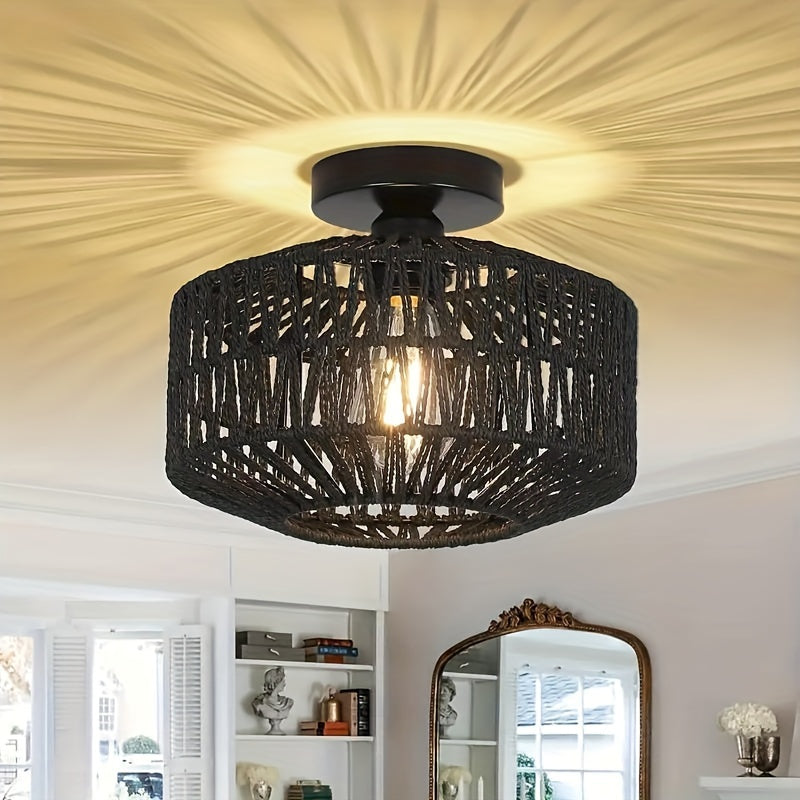 Bohemian style semi-flush mount ceiling light fixture with hand-woven rattan shade and modern metal frame. Energy-efficient, hard-wired, E26 medium bulb base. Suitable for bedroom, living room, kitchen, hallway. Light source not included.