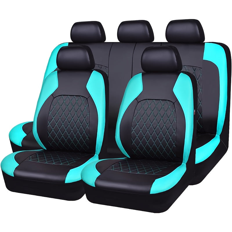 Universal 5-seater car seat cover with PU Leather diamond pattern, including full set of breathable synthetic PU Leather covers. Features airbag compatibility, zipper design, and fits all