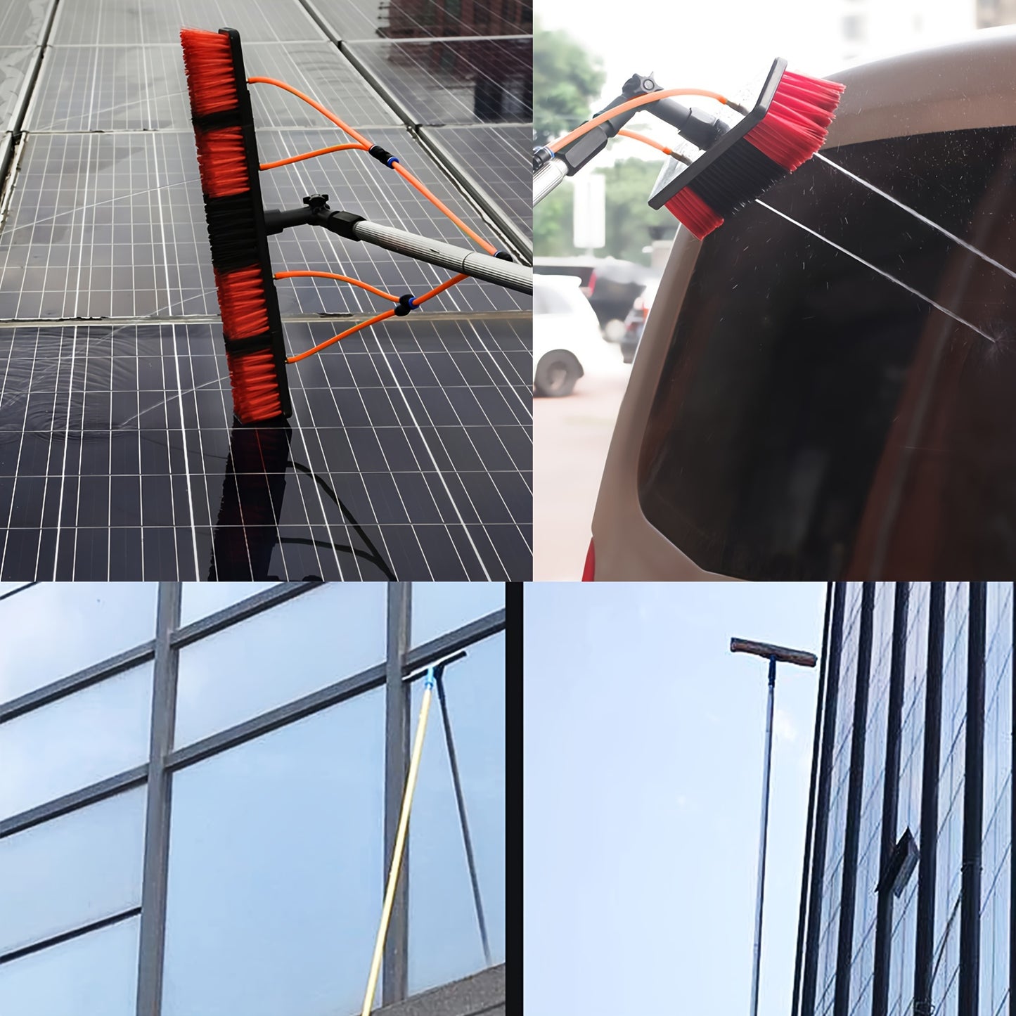 Solar panel cleaning brush set with water flow, uncharged power mode, plastic material, portable telescopic extension pole, multifunctional spray water, easy assembly and disassembly. Solar