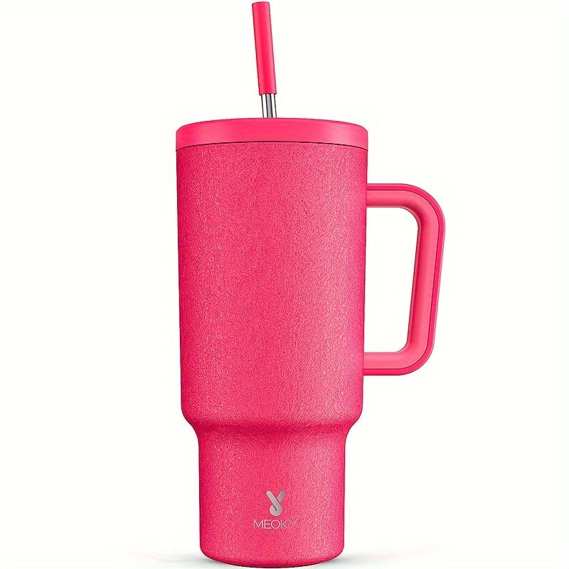 Stainless steel tumbler with lid and straw, leakproof and BPA-free for hot/cold drinks, ideal for camping, hiking, and driving.