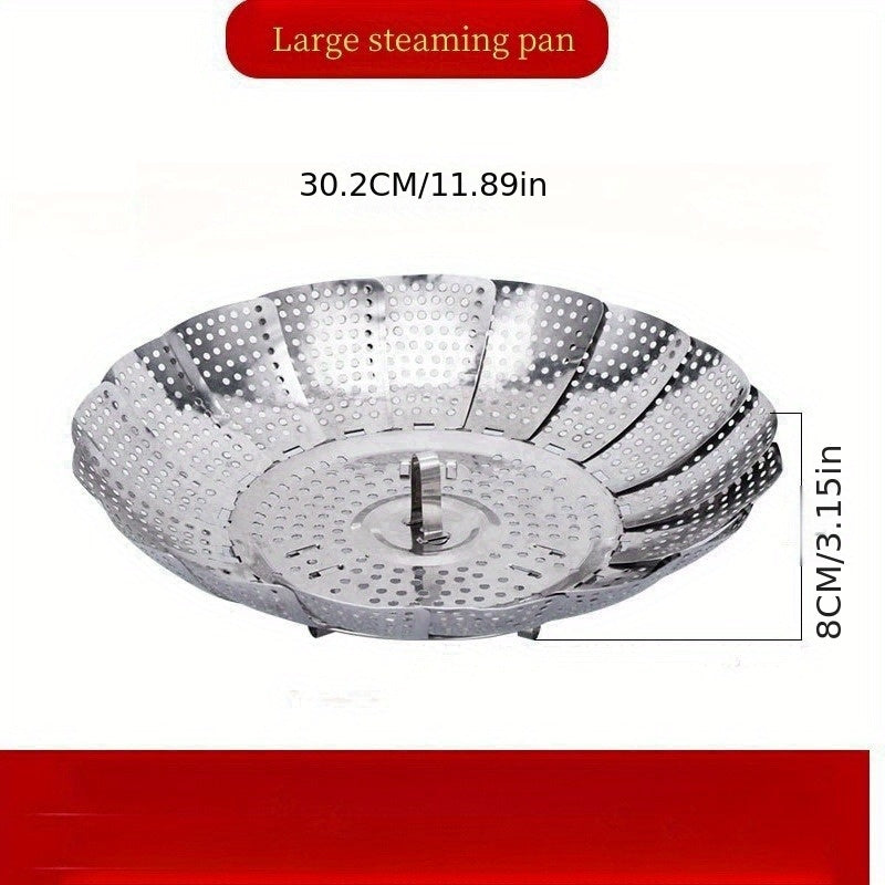 Folding stainless steel steaming tray with multiple functions, retractable design for easy storage, suitable for steaming various foods such as fruits and steamed buns, comes with a lattice steamer rack.