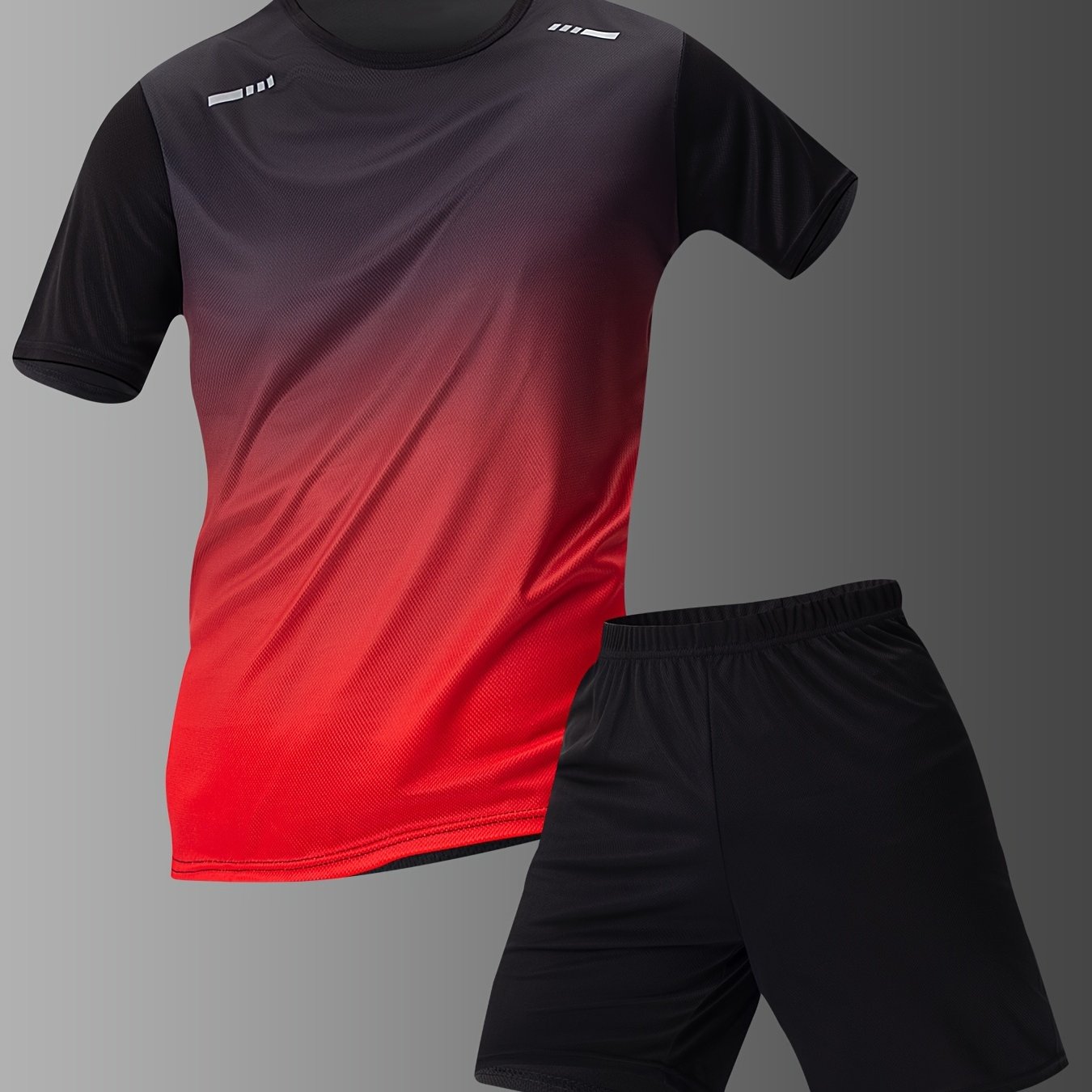 Men's casual sportswear set with gradient short sleeve t-shirt and solid elastic waist shorts for summer sports.