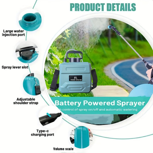 1 electric watering device for household garden tools with 8 liters capacity, including 3 nozzles.