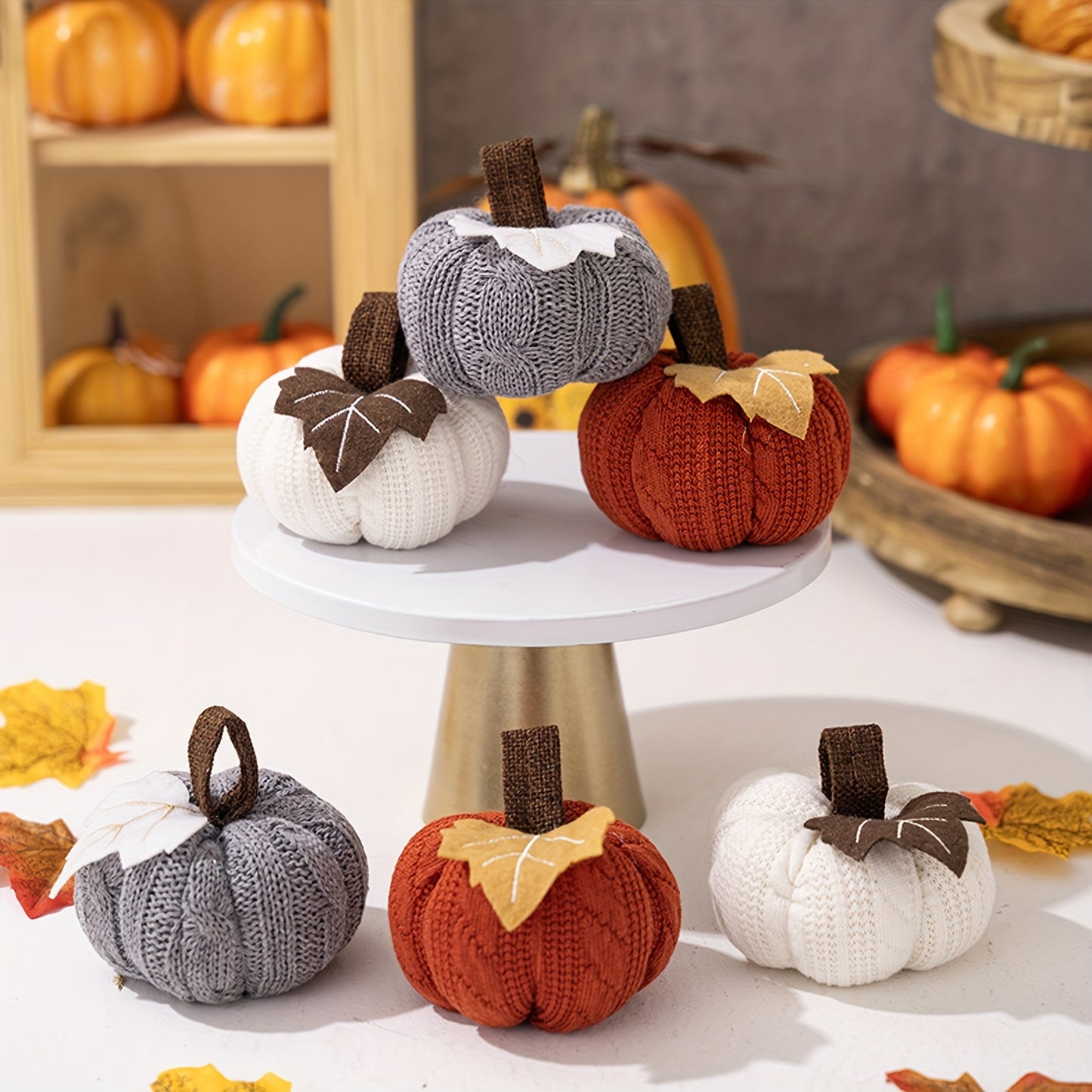 3-piece knitted fabric pumpkins set for tabletop decor, perfect for fall and Thanksgiving