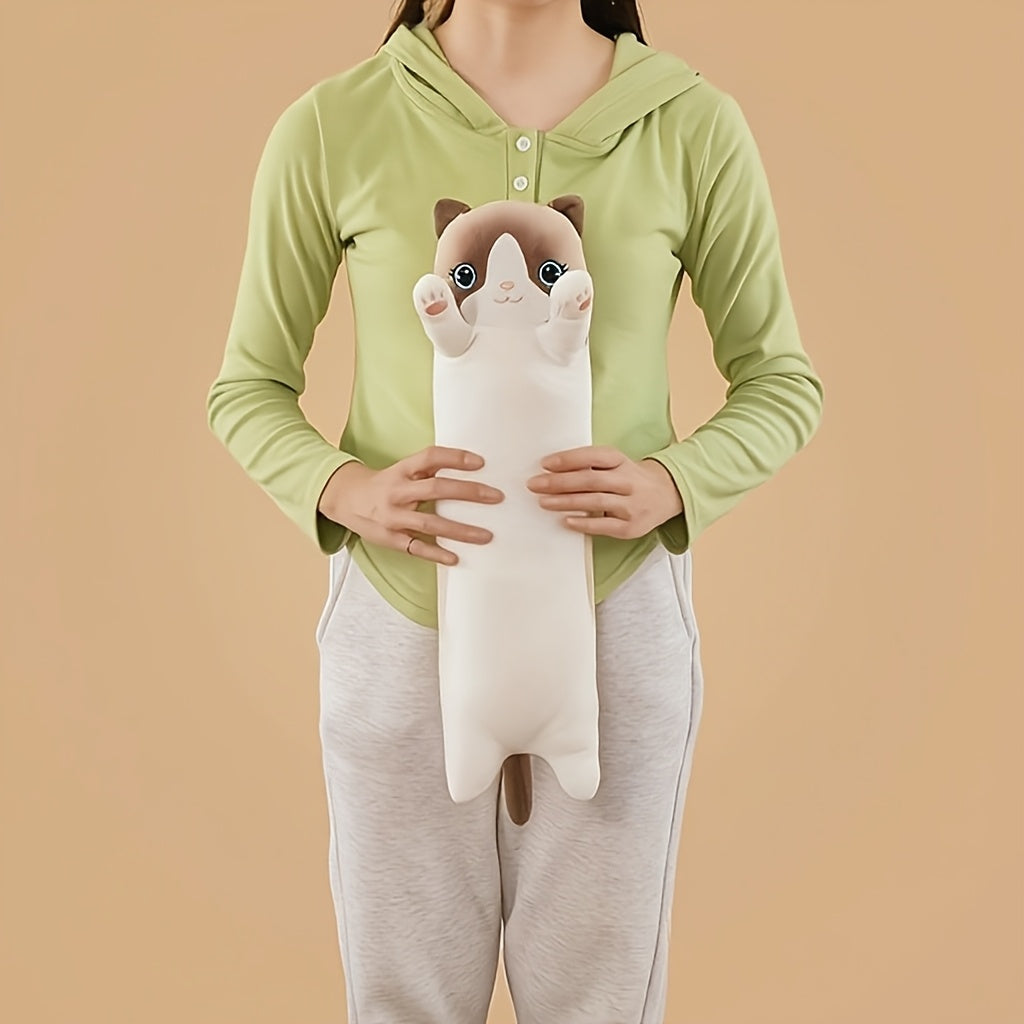 Adorable Cartoon Cat Plush Long Hug Pillow made of soft polyester, suitable for small dogs & cats. Ideal sofa companion.