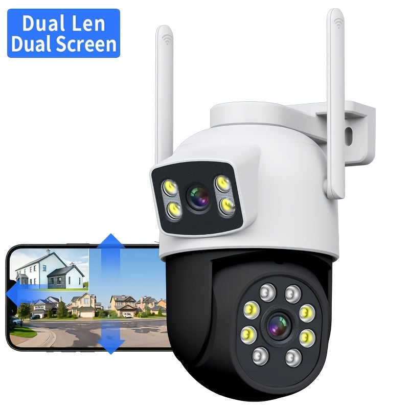 1pc Dual Lens Outdoor Security Camera with Color Night Vision, IP65 Waterproof 360°PTZ Dome & Bullet WiFi Camera for Comprehensive Protection, Surveillance Camera