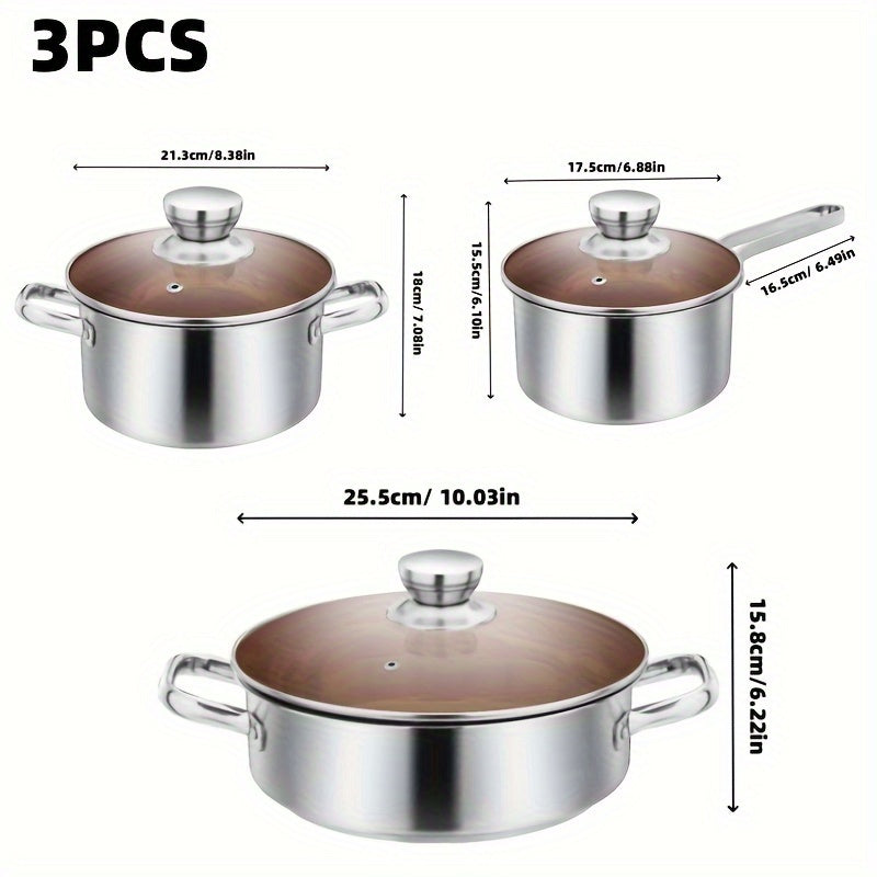 Set of 3 Stainless Steel Cookware with Handles & Lids - Includes 17.48cm, 21.29cm, 25.48cm Pots for Soups, Hot Pot, Noodles, Pasta & Seafood - Works with Induction & Gas Stoves - Comes in Colorful Gift-Ready Box