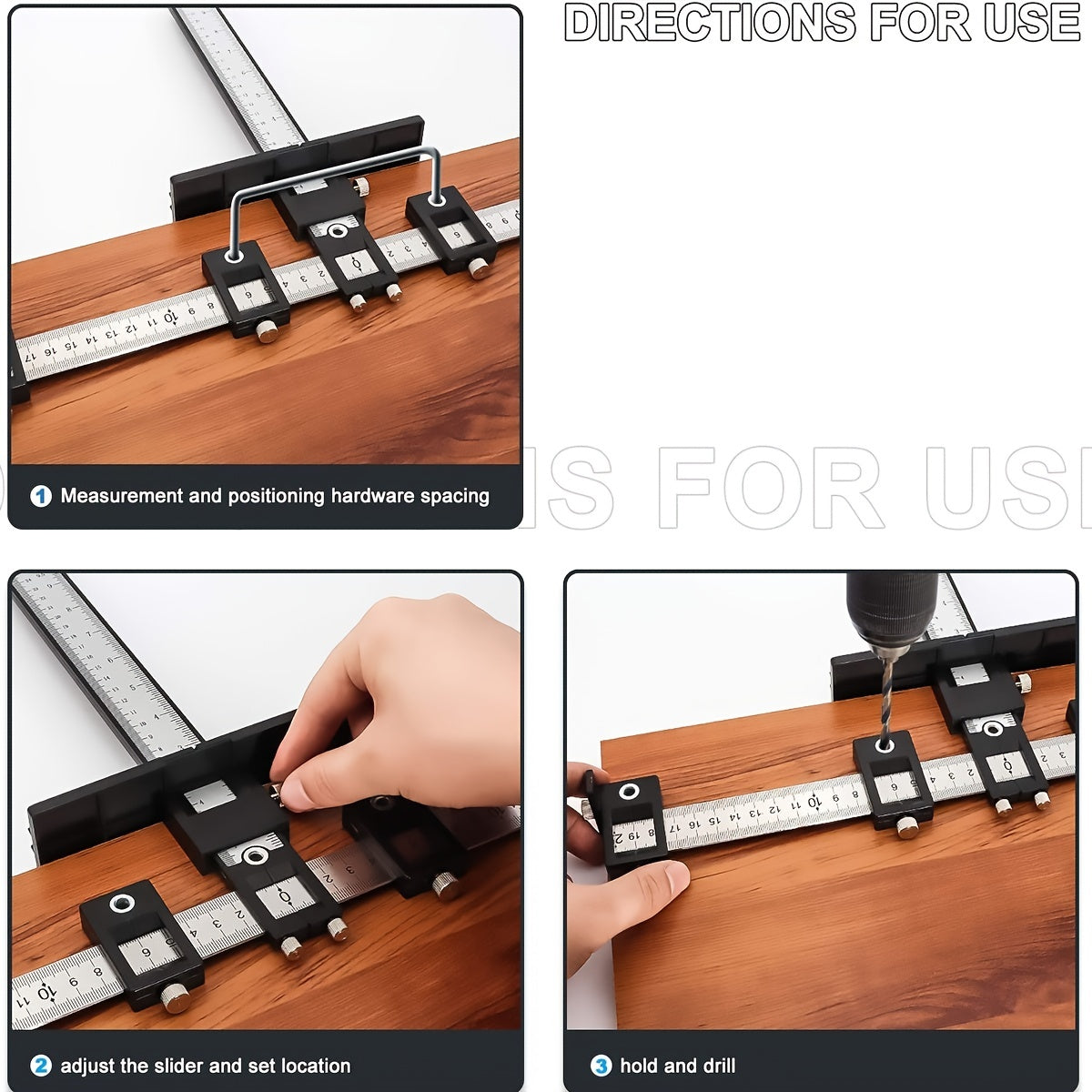 Guide for installation of door and drawer handles and knobs with black cabinet hardware jig tool.