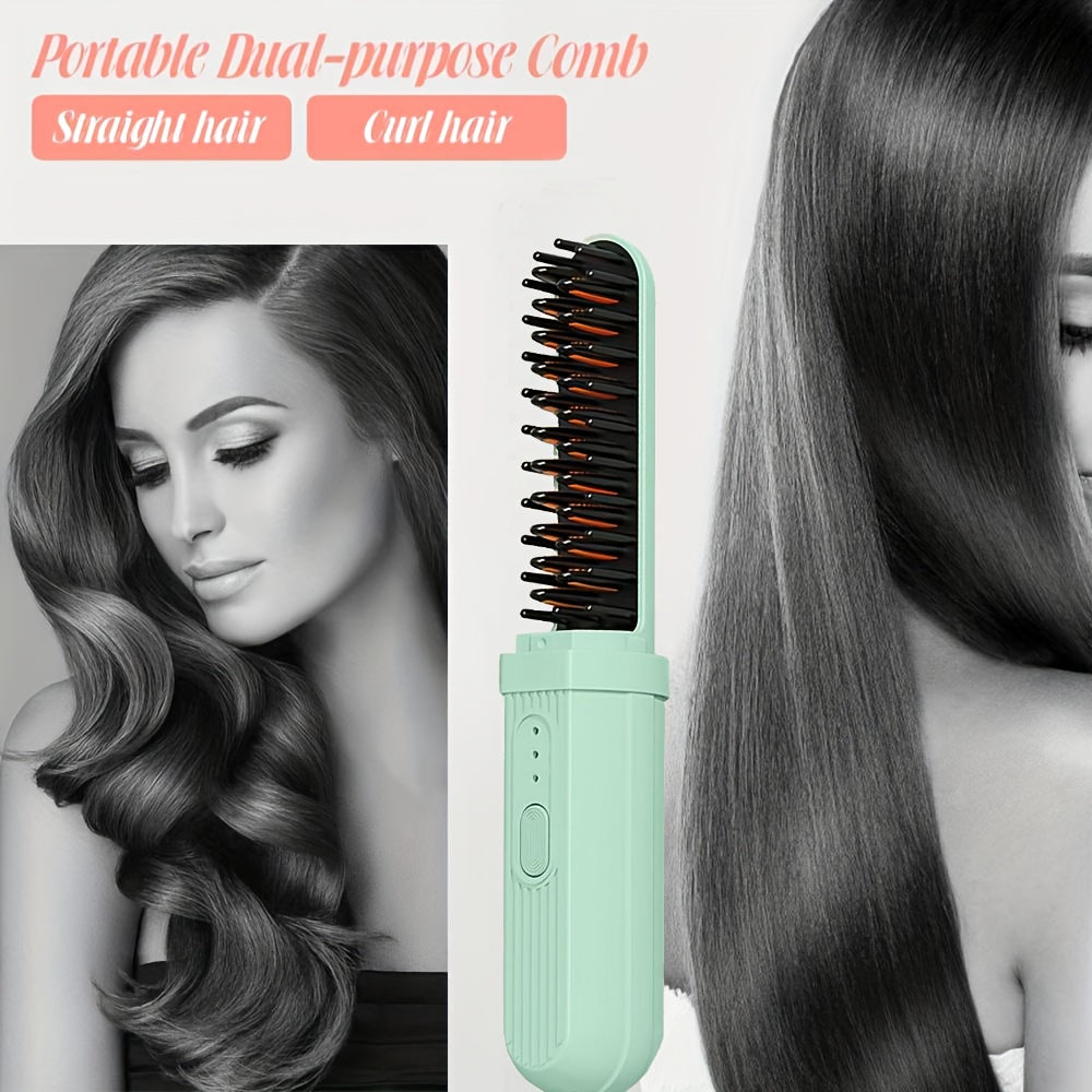 Portable hair straightener and curler with USB rechargeable thermal ion comb, anti-scalding feature, 2000mAh lithium battery, USB-C charging. Travel-friendly and perfect gift for women.