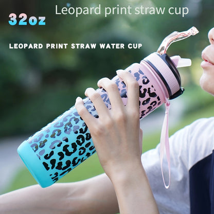 32oz Leopard Print Sports Water Bottle with Straw is PVC-Free and perfect for Running, Cycling, and Fitness. Great for Halloween, Christmas, and Easter gifts.