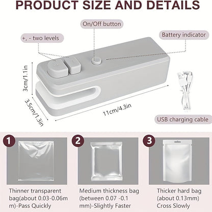 Introducing the WOSERLD 2 in 1 Mini Bag Sealer and Cutter! This handy tool features a rechargeable 12W ABS heat seal function, perfect for sealing plastic snack bags. The semi-automatic vacuum food sealer is portable with a magnetic design, USB charging