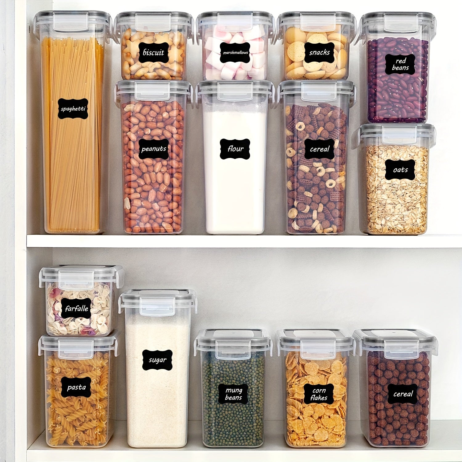 Set of 5 or 10 Airtight Food Storage Containers with Lids, Made of BPA-Free Plastic, Ideal for Organizing and Storing Pantry Items such as Cereal, Rice, Flour, and Oats. Dishwasher Safe, Comes with Labels and Marker Included.