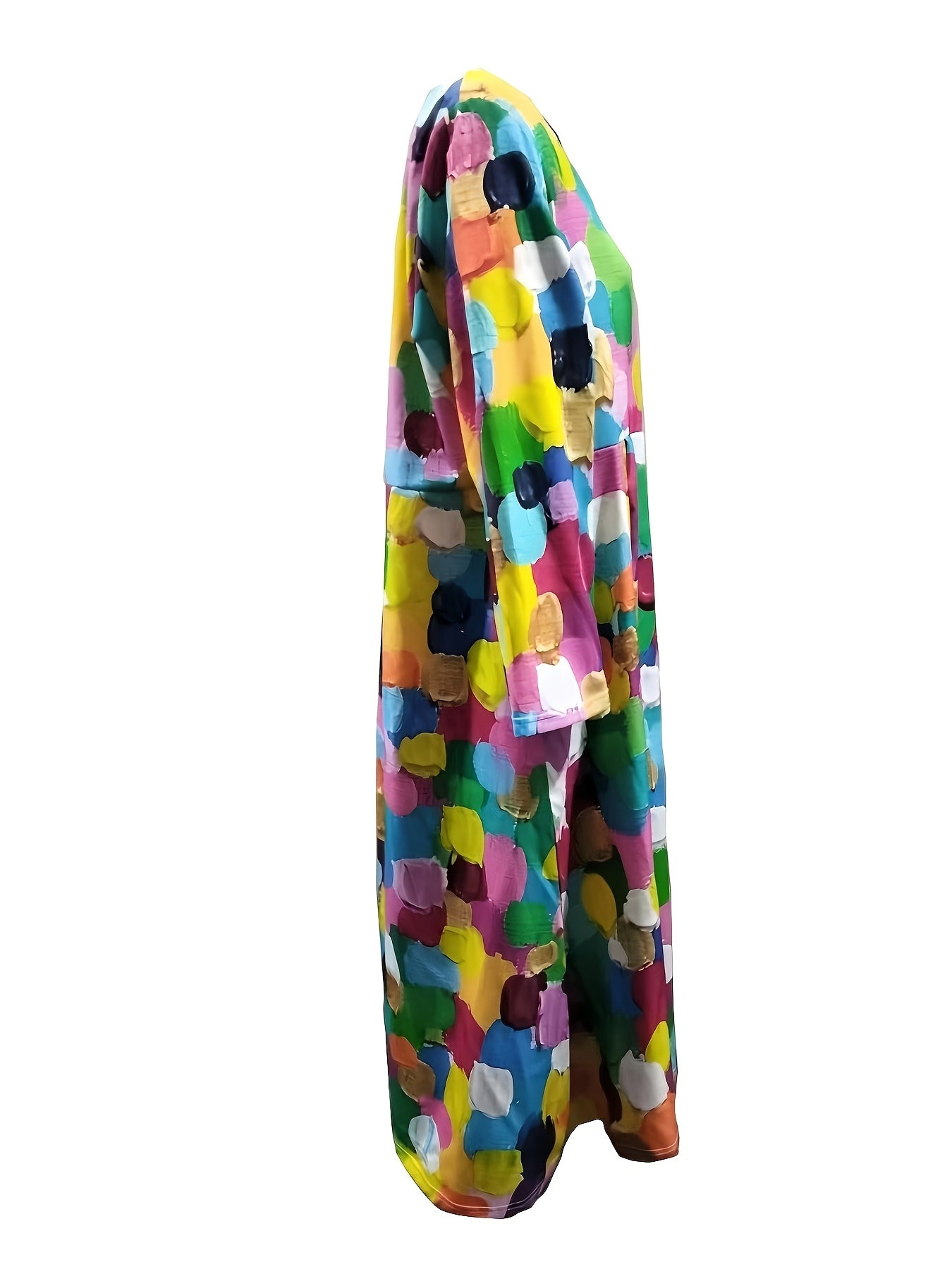 Vibrant Patchwork Print V-Neck Kaftan Dress for Women - Elegant Long Sleeve Maxi with Pockets for Party and Casual Wear